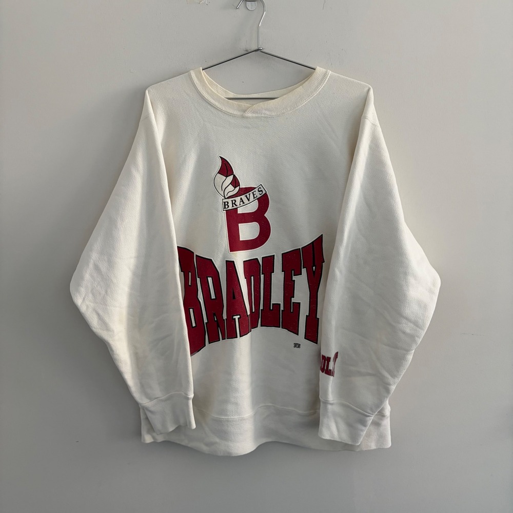 Vintage Bradley Braves Hanes Beefy Crewneck Sweatshirt White Large Made in USA
